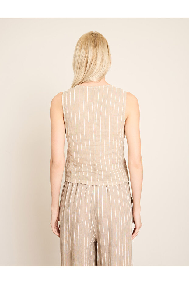 زر أمامي مخطط كتان سترة - 6