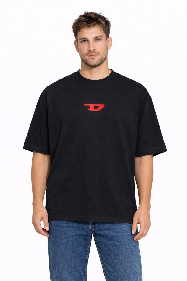 Unisex Women's Men's Red D Logo Front Printed Oversize Thick Fabric Relaxed Cut Cotton T-Shirt