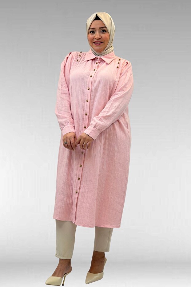 68021 Plus Size Button Detailed Muslin Shirt - Candy Pink