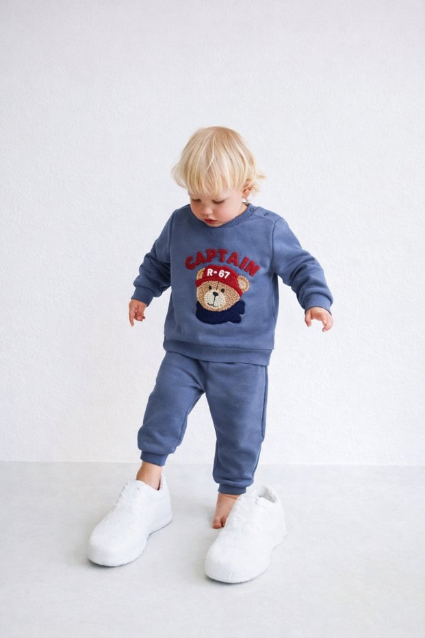 Baby Boy and Child 100% Cotton Cotton 2-Strand Teddy Bear Embroidered Top and Bottom Set | Comfortable Daily, Holiday Combination