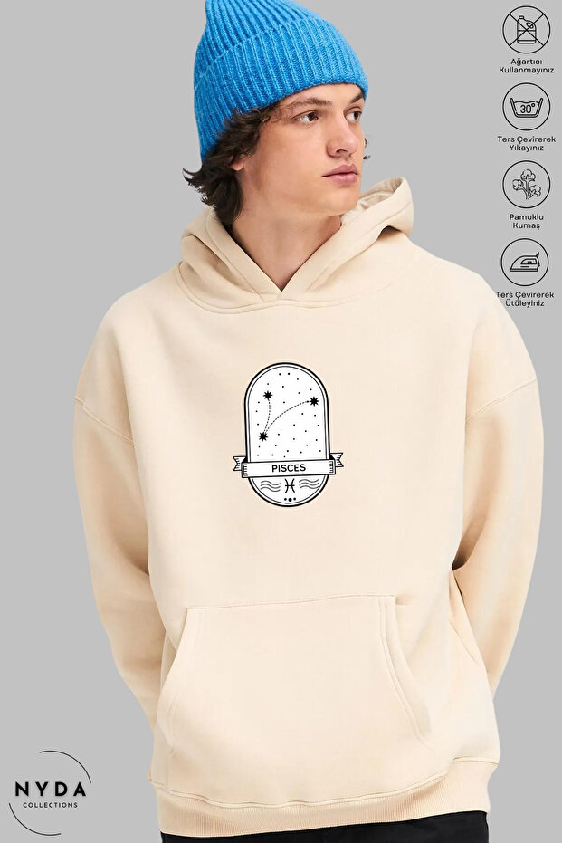 Unisex Hoodie Long Sleeve Pisces Balık Printed Hooded Brushed Inside Oversized 100% Cotton Combed Cotton Sweatshirt