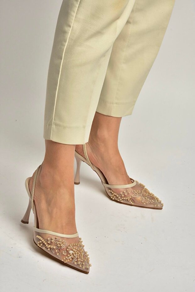 Y726462415 Beige Mesh Bead Embroidered İ Stiletto Heel Women's Shoes