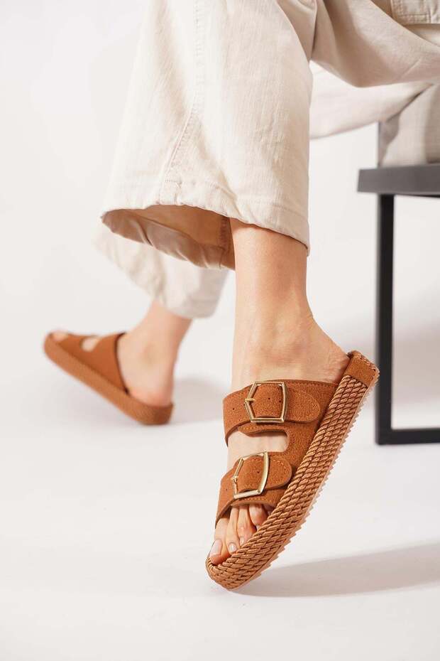 Teslen sole rope wrap double Buckled women Slipper taba