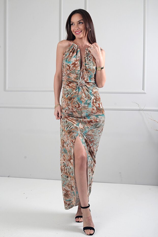 Women's Collar Accessory Lined Patterned Stretch Fabric Long Dress