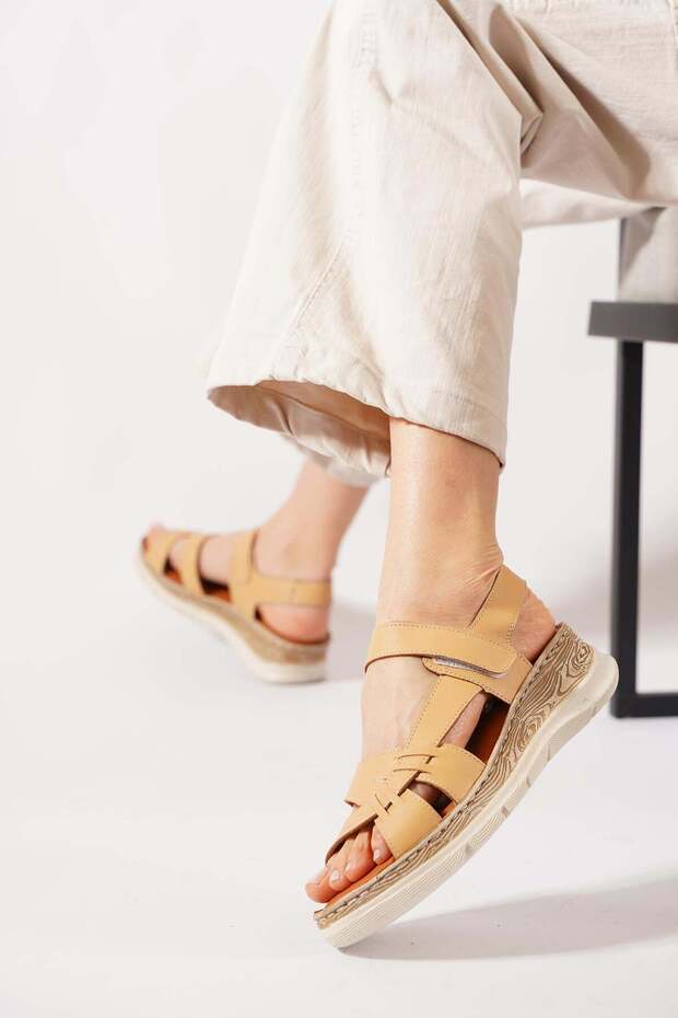 Redas side window Genuine Leather Orthopedic women Sandals beige skin