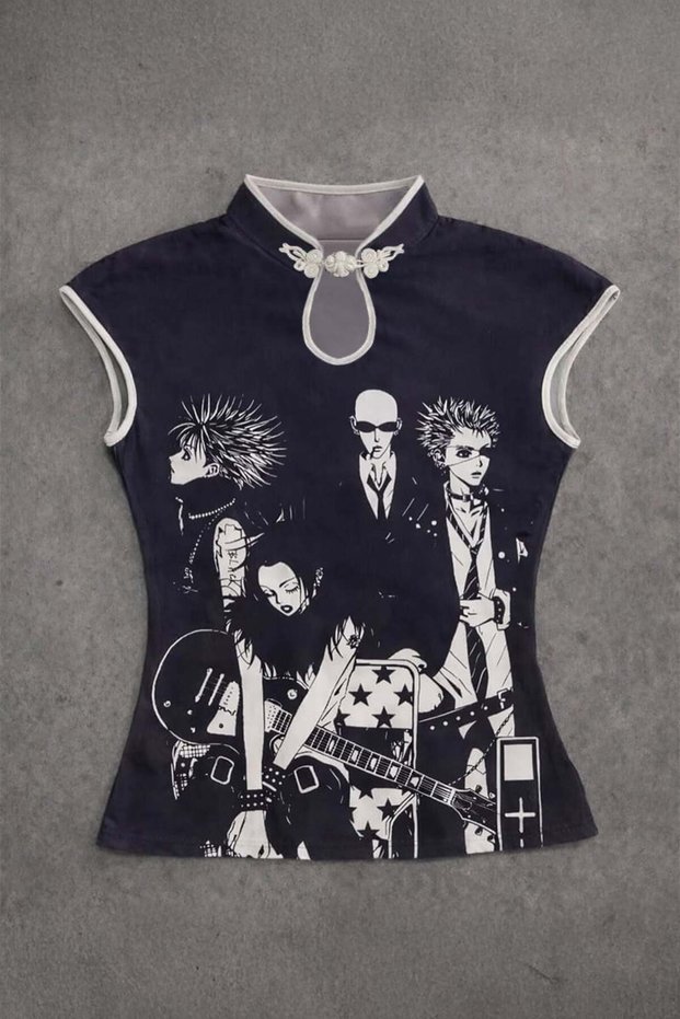 Anime Nana Chinese Knot Collar Closure Detail Short Sleeve Blouse