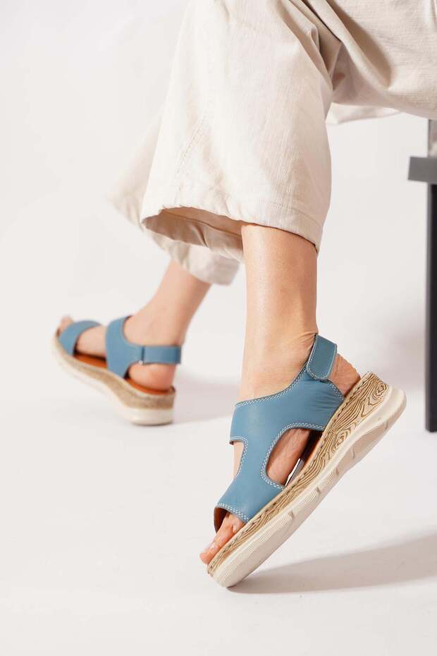 Poste Genuine Leather Orthopedic Women's Sandals Denim Blue Skin