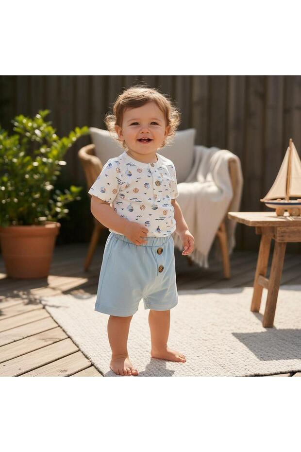 Marine Ship Summer Short-Sleeved Two-Piece Set with Badili Shorts