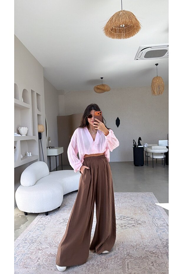 Brown Ultra Wide Leg Tencel Trousers