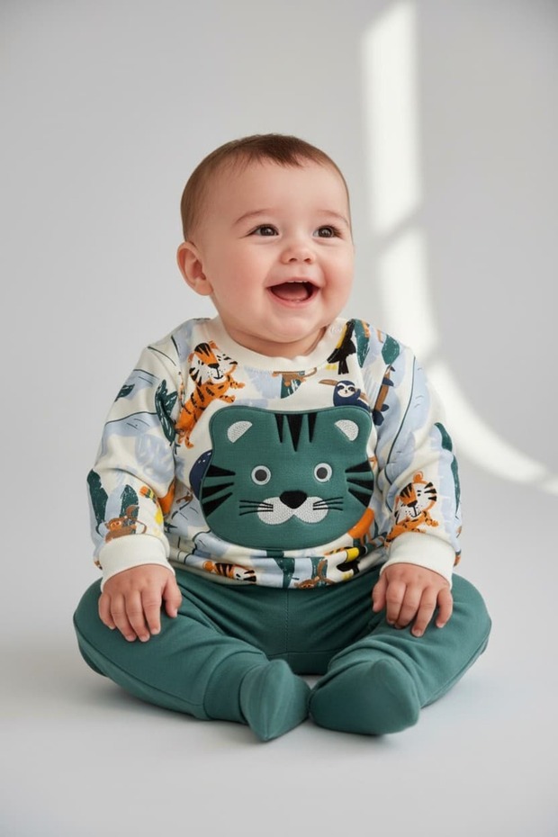 Baby Boy Animal Patterned Embroidered Detail Top and Bottom Set