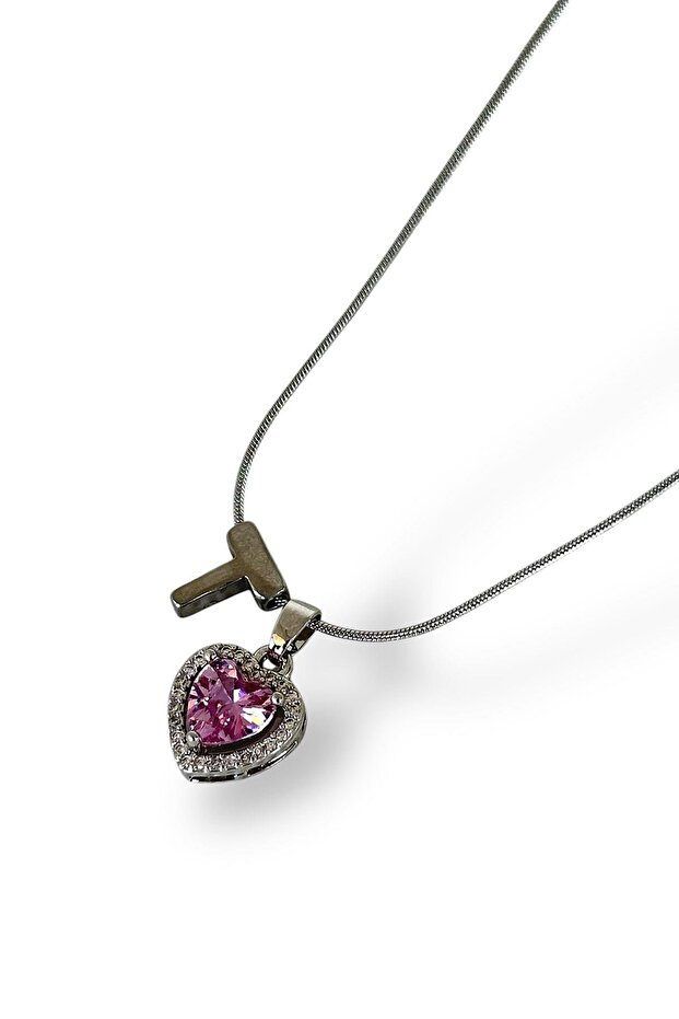 Silver Purple Zircon Stone t Letter Heart Necklace