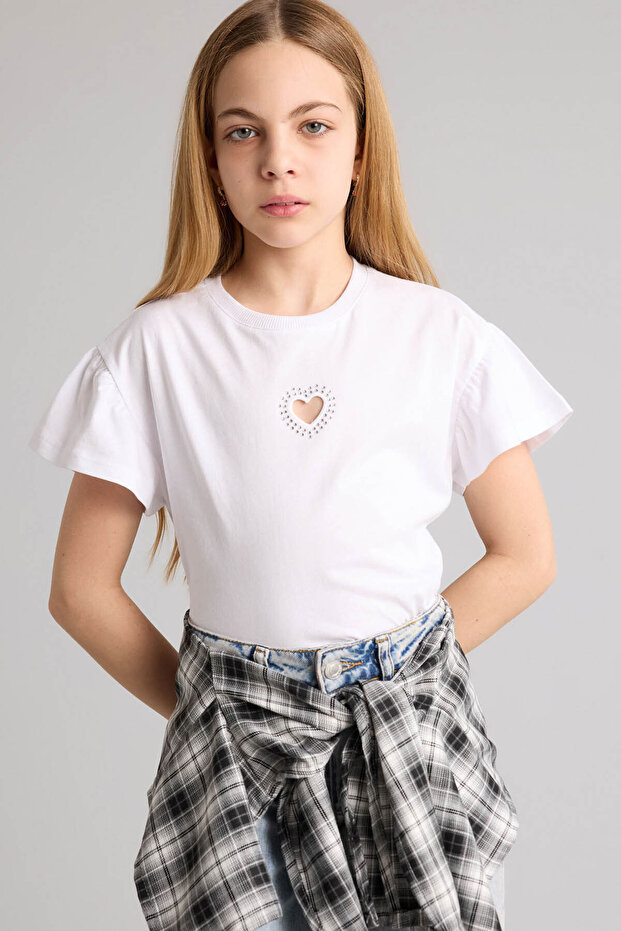 100% Cotton Heart Embroidered T-Shirt for Girls G9913A826Sm