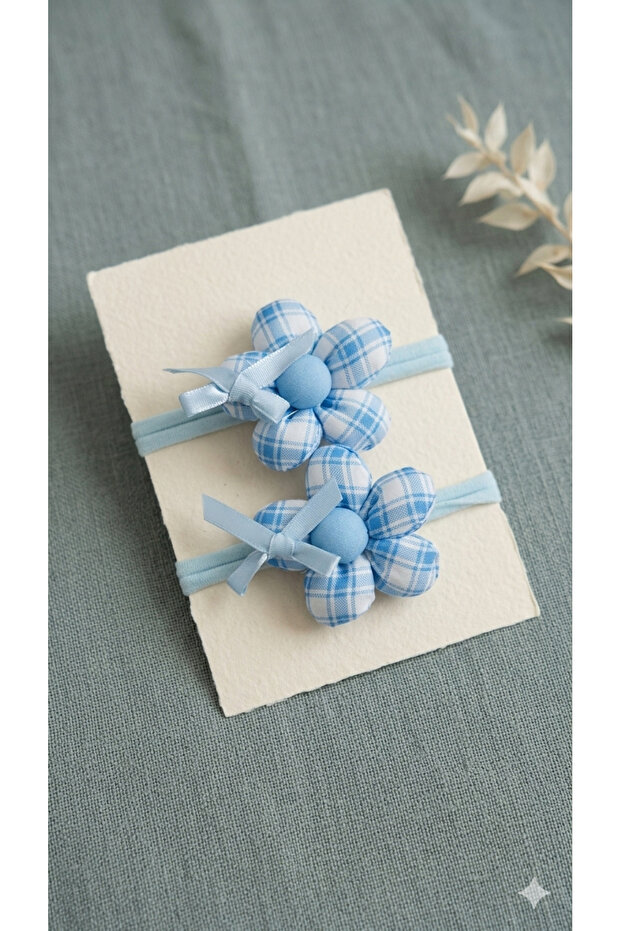 Handmade Floral Checked Fluffy Mixed Blue 2-Piece Rubber Buckle Set