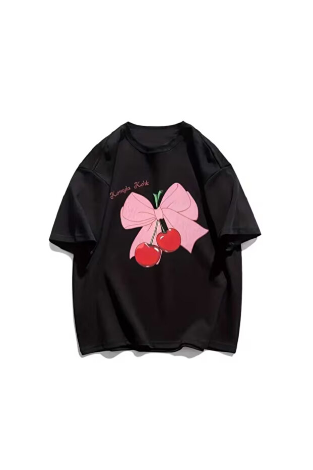 Black Ribbon Cherry T-Shirt - Printed Oversize Crew Neck Short Sleeve