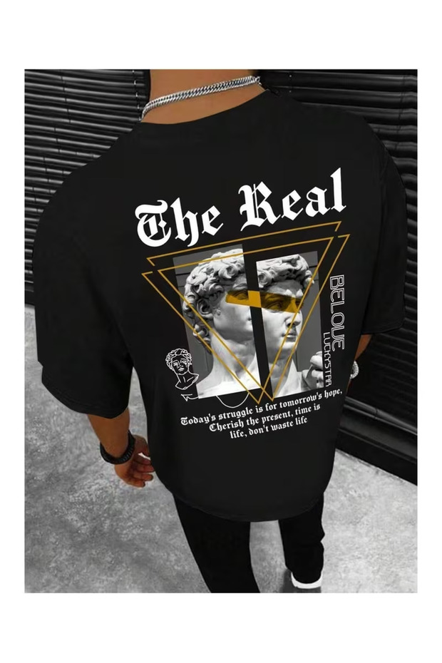 The Real Luckystar T-Shirt - Black Printed Oversize Crew Neck Short Sleeve