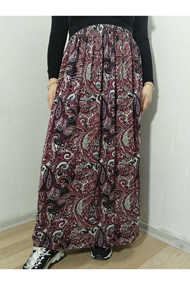 Elastic Waist Patterned Medium Thickness Combed Cotton Fabric Maxi Length Mother's Skirt, Prayer Skirt Size 38-50