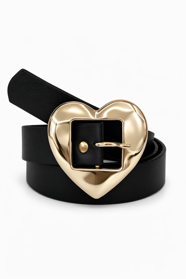 Women's Black Leather Gold Heart Buckled Belt