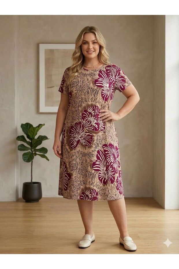 Plus Size Woven Viscose Yandan C Pocketed Relaxed Fit High Quality Dress