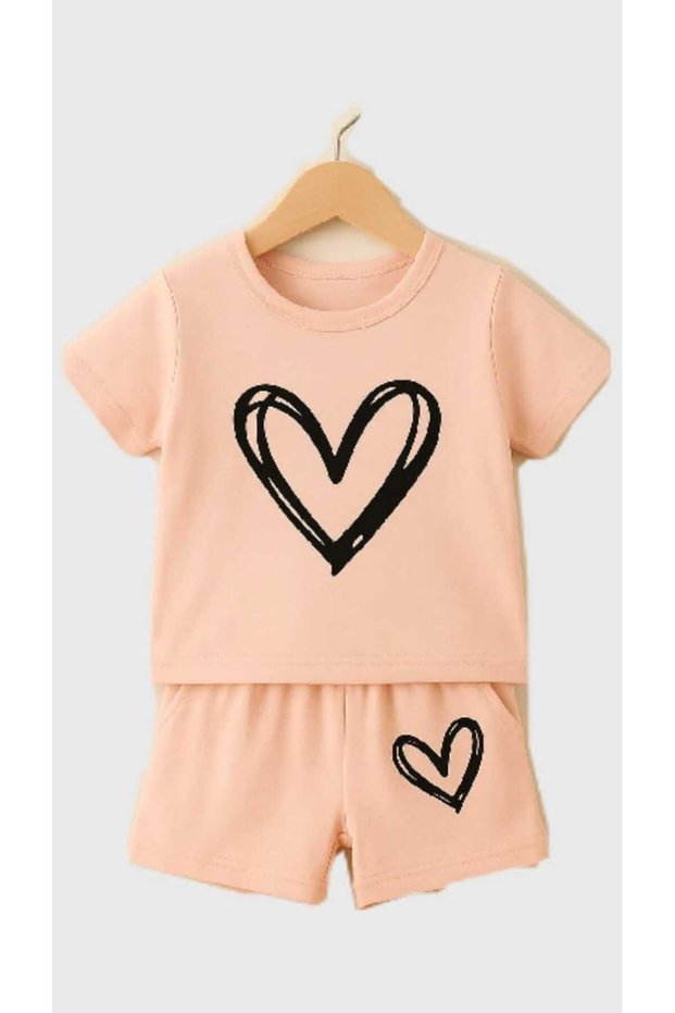 Black Heart Printed Kids Beige Summer Dress Top and Bottom Set Cotton Pcs