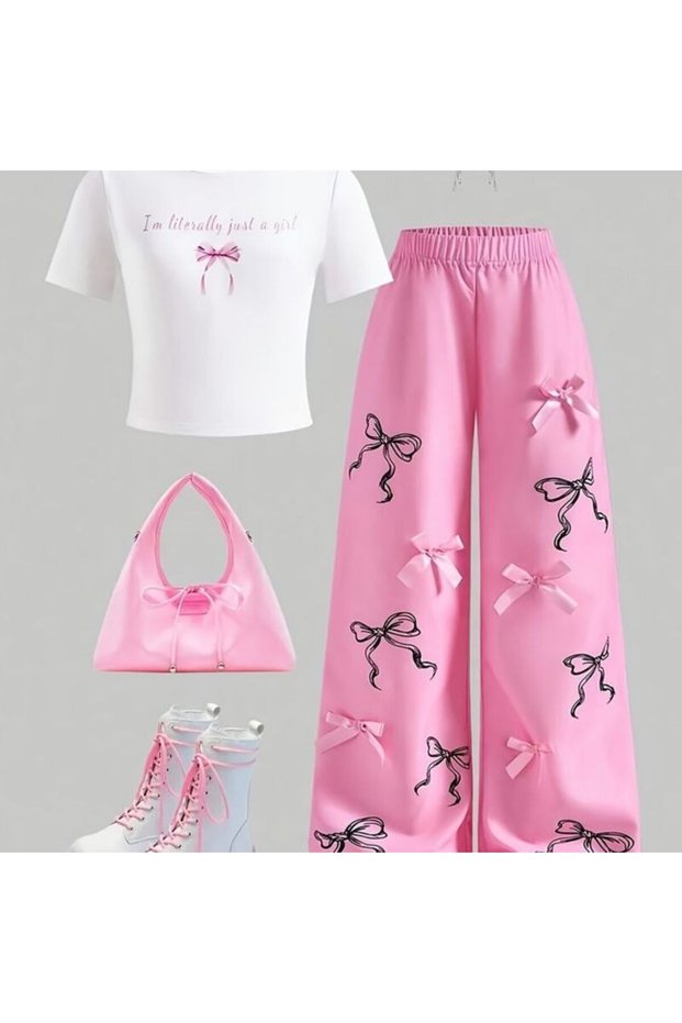 Ribbon Printed Top White Cropped Bottom Pink Wide Leg Suit with Ribbon Detail