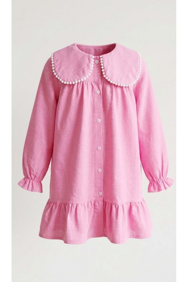 Girl's Embroidered Collar Pink Color D Woven Buttoned Dress - Pink - 7-8 Years