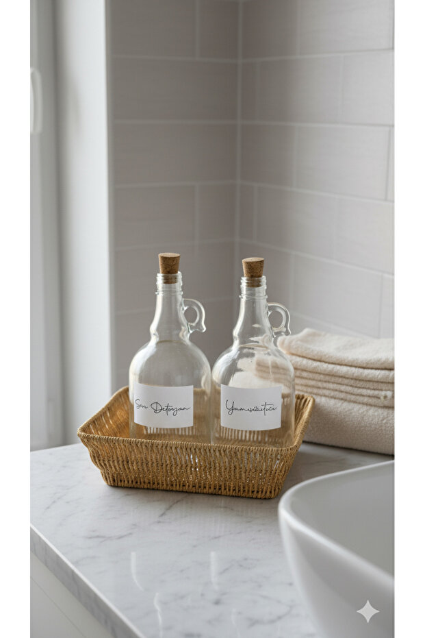 Set of 2 Glass Detergent Bottles with Wicker Baskets - Labeled Liquid Detergent and Fabric Softener Bottle 1000 ml