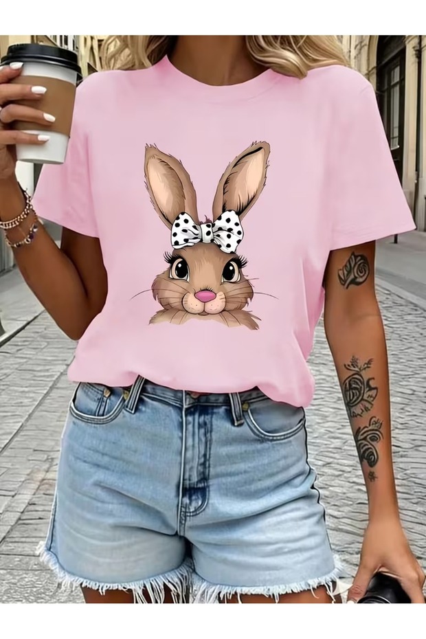 Women's Rabbit Printed Oversized Crew Neck T-Shirt Loose Fit