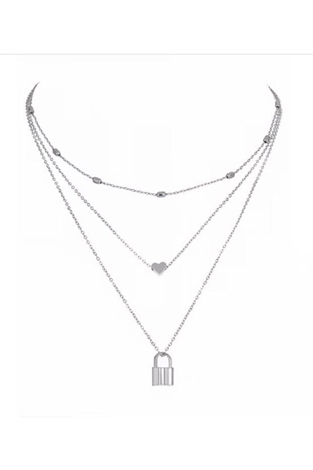 Silver Color Lock and Heart Charm Layered Necklace