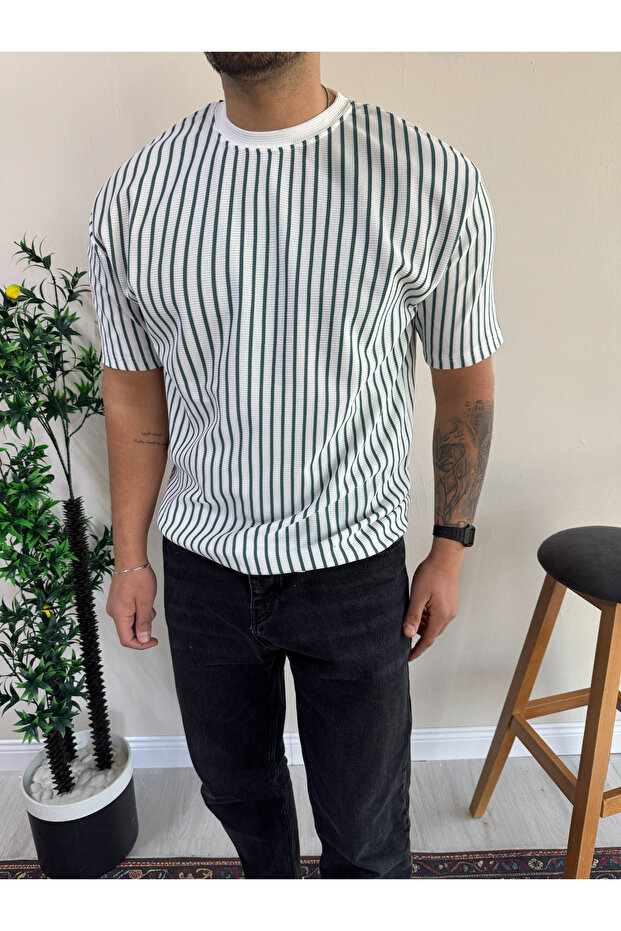 Waffle Knitted Striped T-Shirt Wide Cut