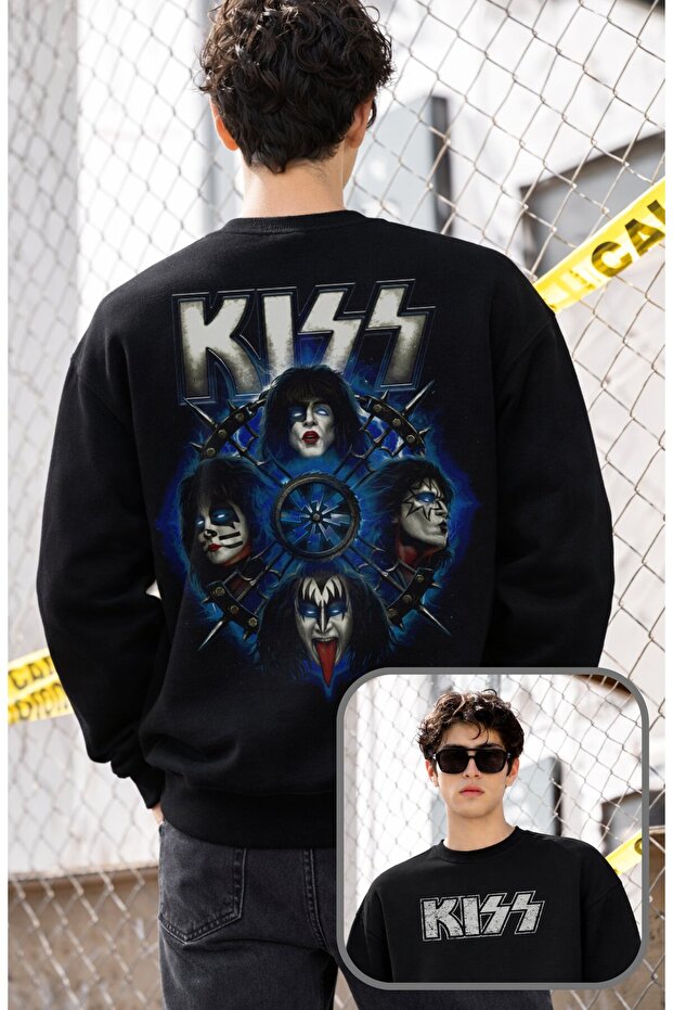 Unisex Oversized Kiss Rock Band Back Printed Crew Neck Hoodless Sweatshirt