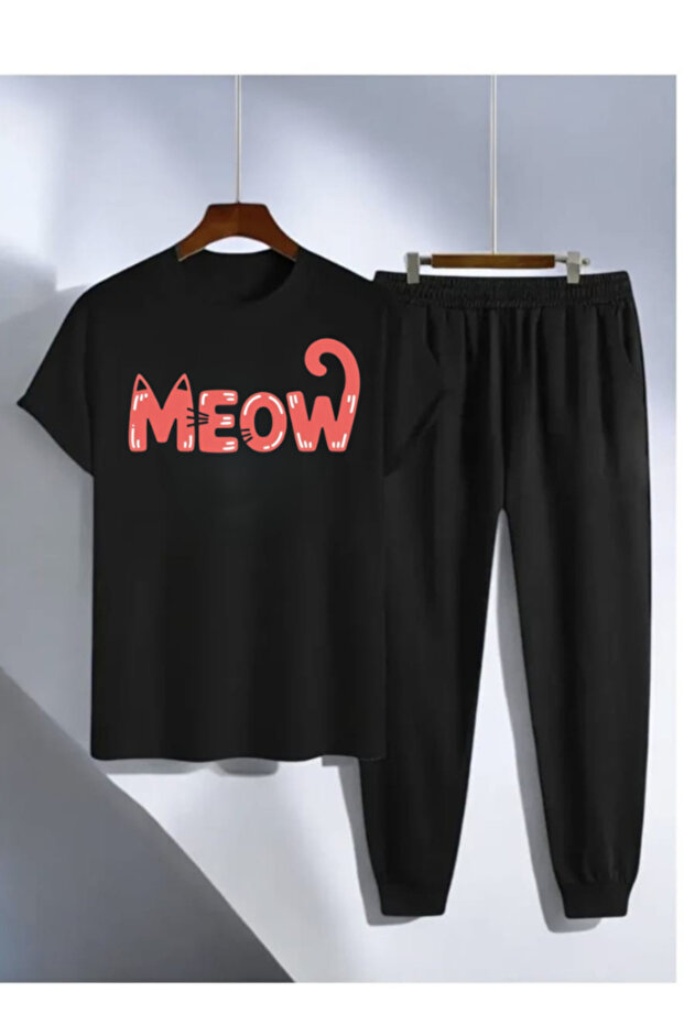 طقم بدلة رياضية كبيرة الحجم MEOW مطبوع