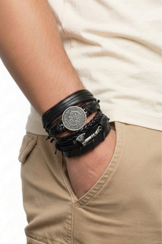 5-Piece Real Leather Bracelet Set Compass and Axe Design Genuine Leather Bracelet Men's Bracelet