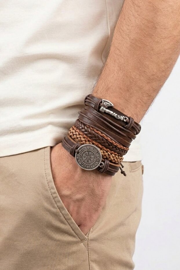5-Piece Real Leather Bracelet Set Compass and Axe Design Genuine Leather Bracelet Men's Bracelet