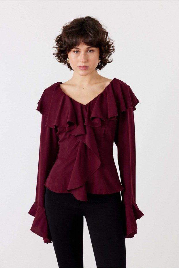 Volanlı Bluz Bordo