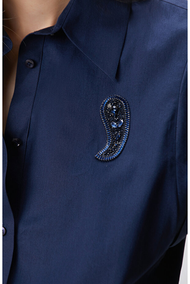 Lacivert Nakışlı Gömlek - 6