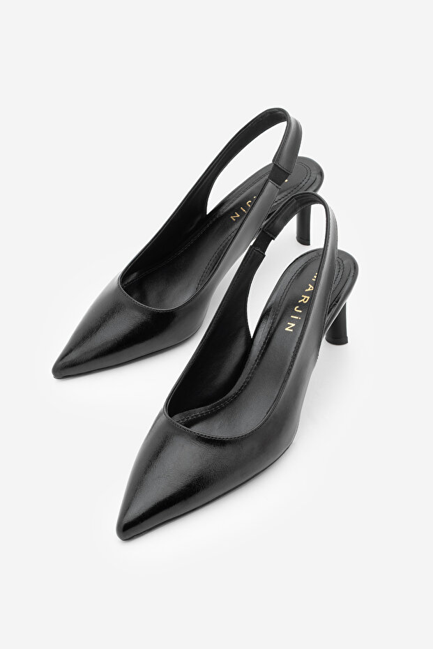Women's Stiletto Pointed Toe Open Back Strap Thick Band Classic Heeled Shoes Cenvo Black