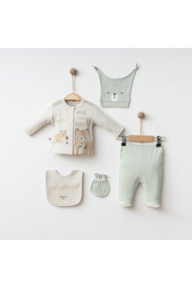 Baby Set of 5 with Bow Tie and Teddy Bear 100% P Cotton Fabric