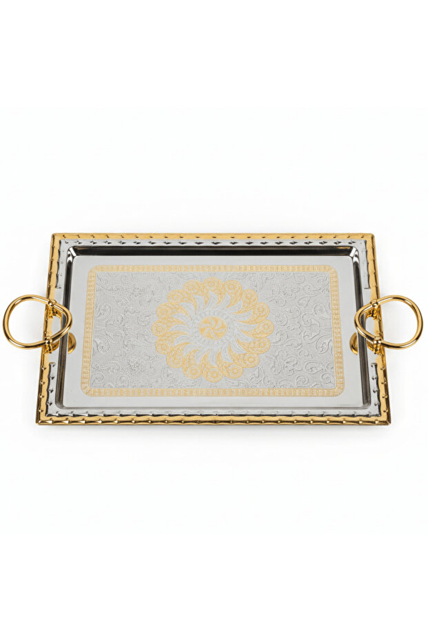 Rectangular Stainless Steel Serving Tray with Gold Border and Strong Handles