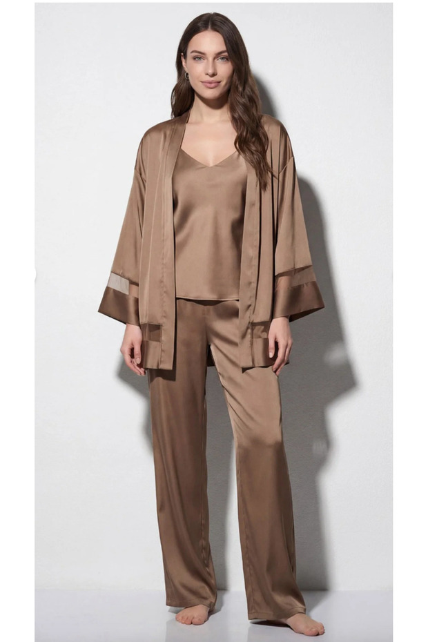 Women'S, Exclusive, Mink, Satin Dressing Gown, Tulle Detail 3-Piece Pajama Set (Dowry Set)