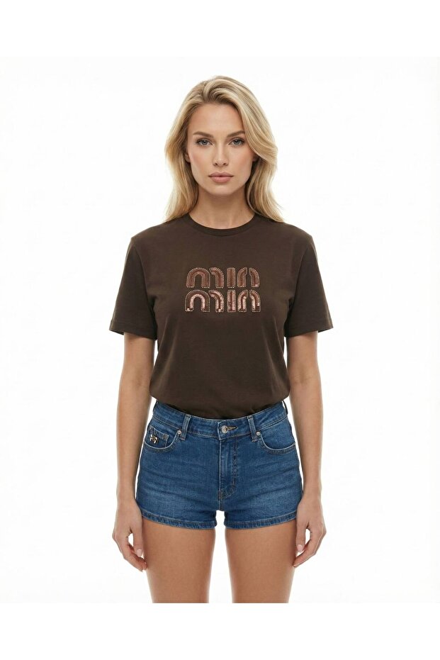 Kadın Taş Baskılı Basic Siyah Tişört - 2