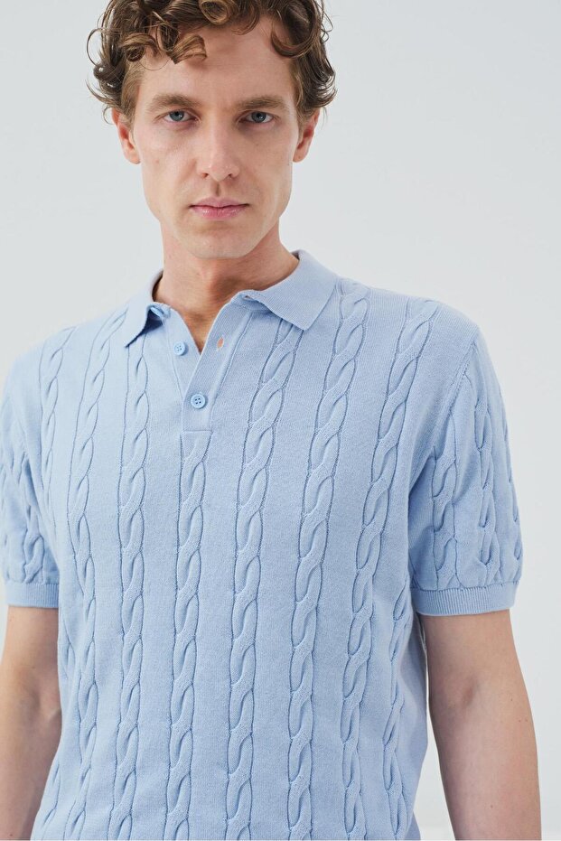 Textured Knitted Patterned Blue Polo Collar Tricot T-Shirt