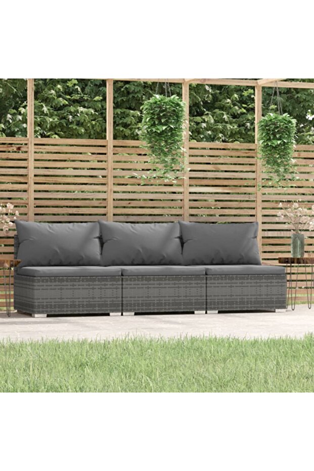 3-Seater Sofa with Cushions Grey Poly Rattan