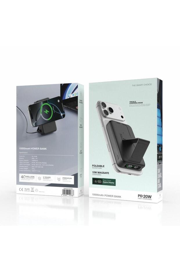 10000mAh Magnetic Power Bank with 20W PD Fast Charging, Foldable Kickstand & Real-Time Digital Displ