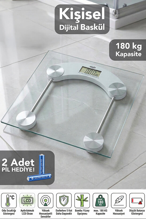 Meleni Home Kişisel Cam Dijital Baskül - LCD Ekranlı Batarya Göstergeli 180kg Kapasiteli Tartı