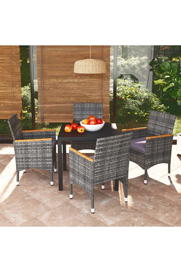 5 Piece Garden Dining Set with Cushions Poly Rattan Grey