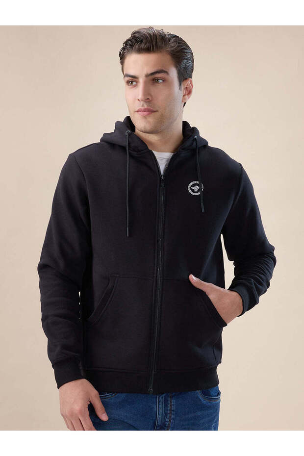 Solid Brand Logo Hooded Zipper Regular Fit Black Sweatshirt