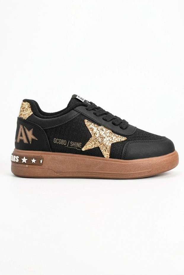 Girl's Glittery Star Detailed Lace-Up Casual Sports Shoes Black Brown