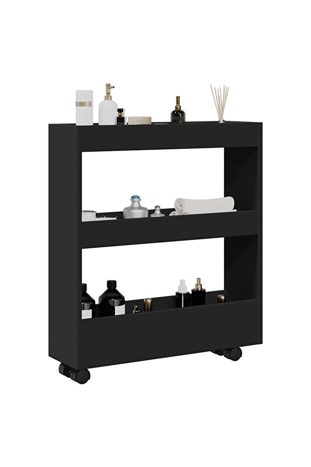 Narrow Storage Trolley 3 Tier Black Engineered Wood