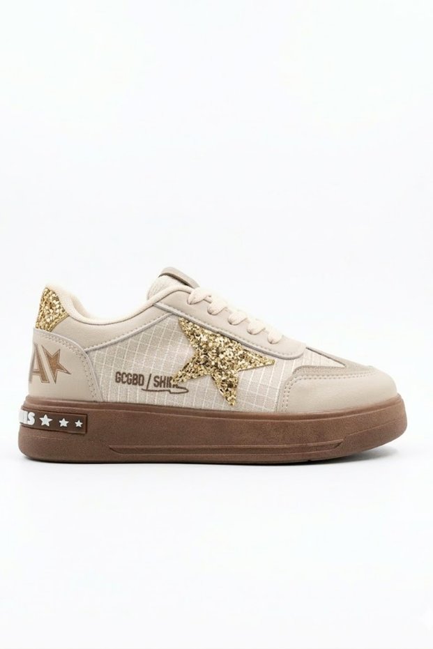 Girl's Glittery Star Detailed Lace-Up Casual Sports Shoes Beige Brown