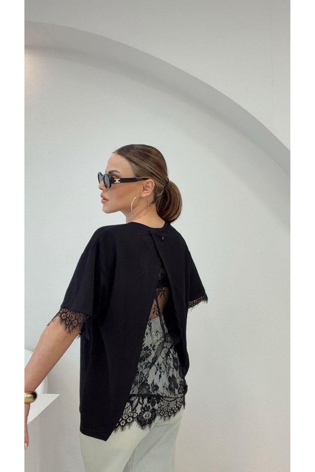 Sirt Lace detailed Modal black blouse